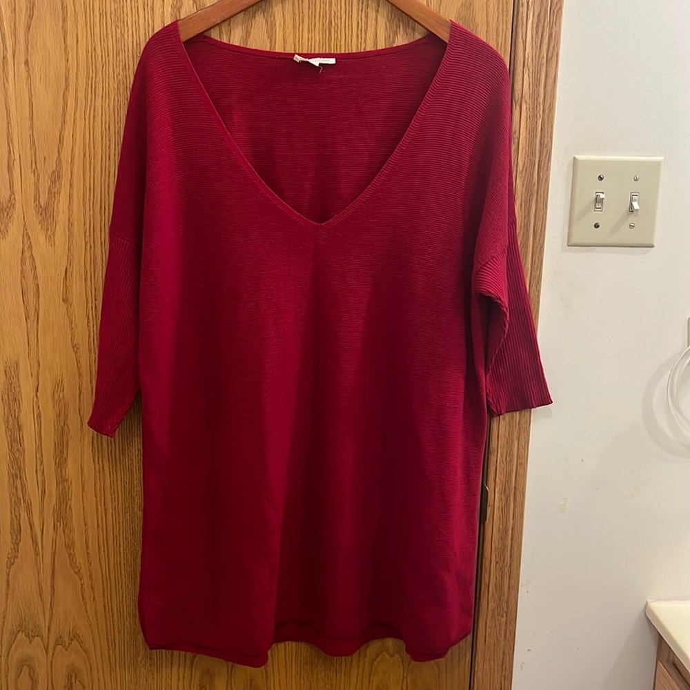 Eileen Fisher Cranberry Red Organic Cotton Knit Dolman Sweater Longline